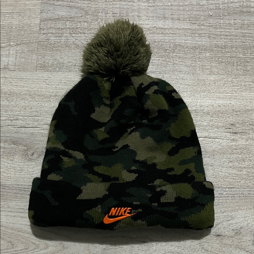 Kid’s Green Nike Camouflage Cuffed Beanie with Pom Pom and Neon Orange Logo